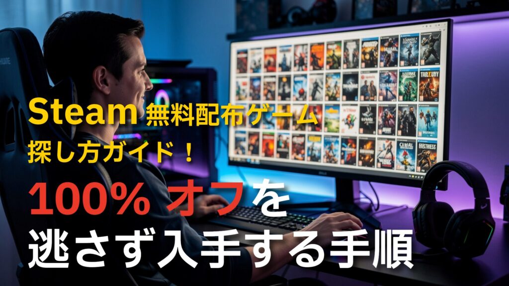 近未来的な画面で光る取得ボタンをクリックする手元と、背景のデジタルシェルフに次々とゲームケースが積み重なっていく様子。