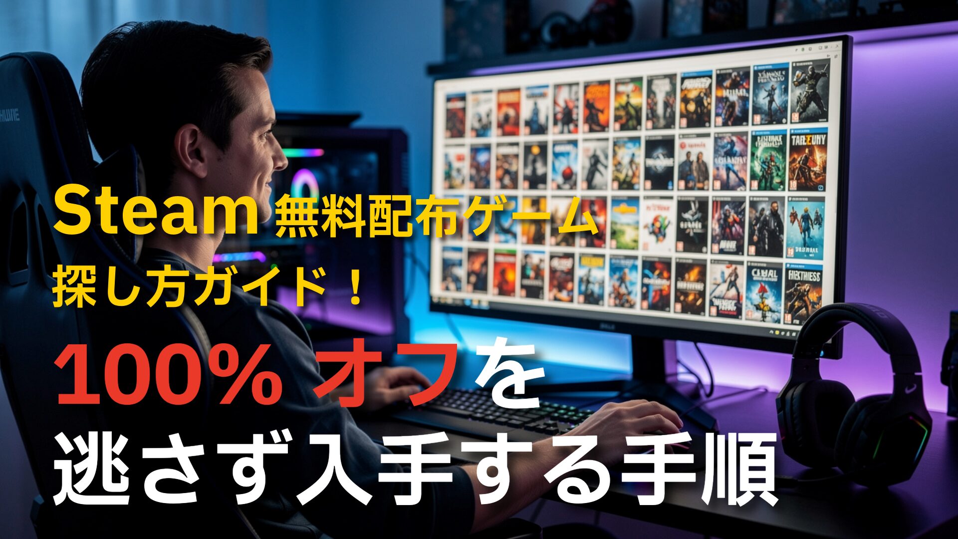 近未来的な画面で光る取得ボタンをクリックする手元と、背景のデジタルシェルフに次々とゲームケースが積み重なっていく様子。