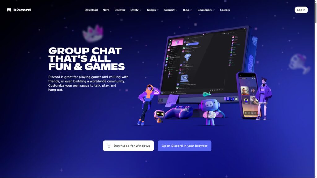 Discord公式サイトのトップ画面。「Windows版をダウンロード」と「ブラウザでDiscordを開く」という2つの大きなボタンが中央にあり、右上に「Log In」ボタンが配置されている。