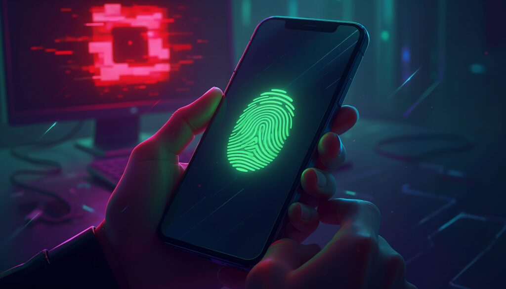背景にある赤いノイズ混じりの怪しい二次元コードのモニターを背に、手元で緑色に光る指紋認証アイコンが表示されたスマートフォンを操作して防御しているイラスト。
