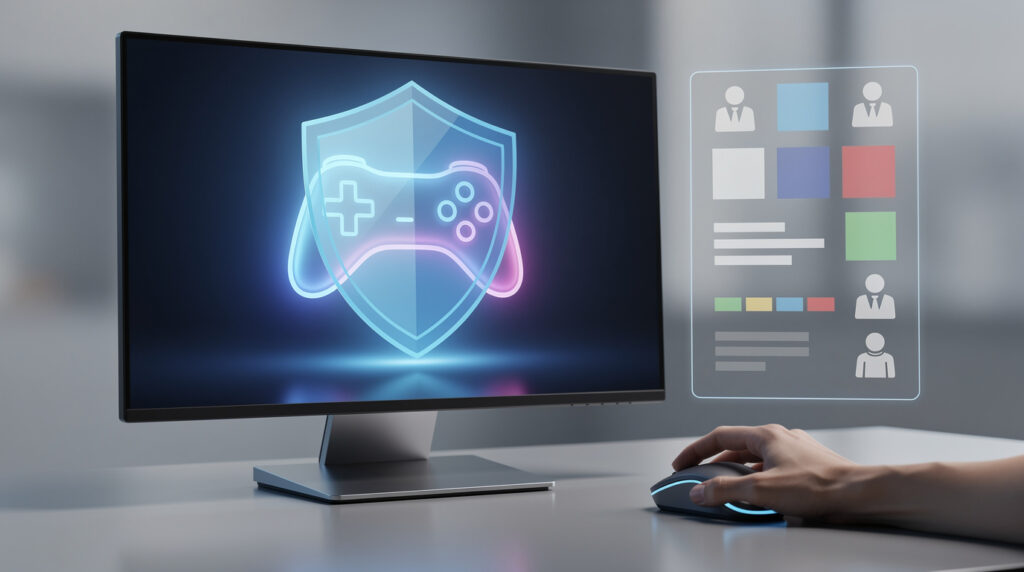 デジタルシールドで保護されたゲームアイコンの横で、マウスを操作しながら慎重にユーザーレビューを確認しているPC操作画面。