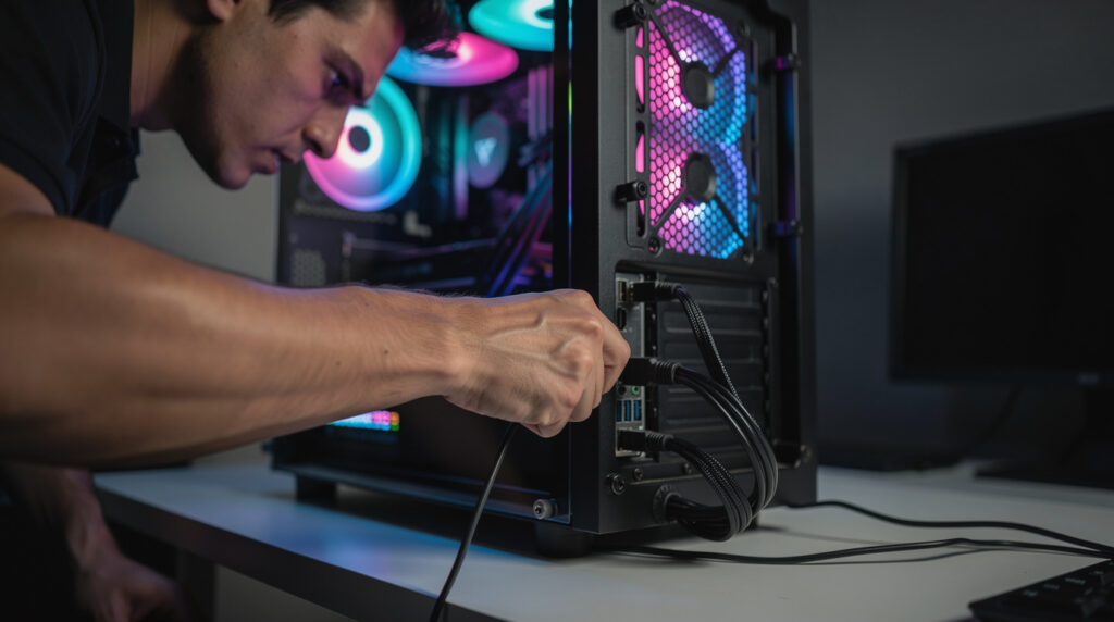 仄かに光るゲーミングPCの背面に手を伸ばし、USBケーブルを挿し直そうとしているゲーマーの様子。