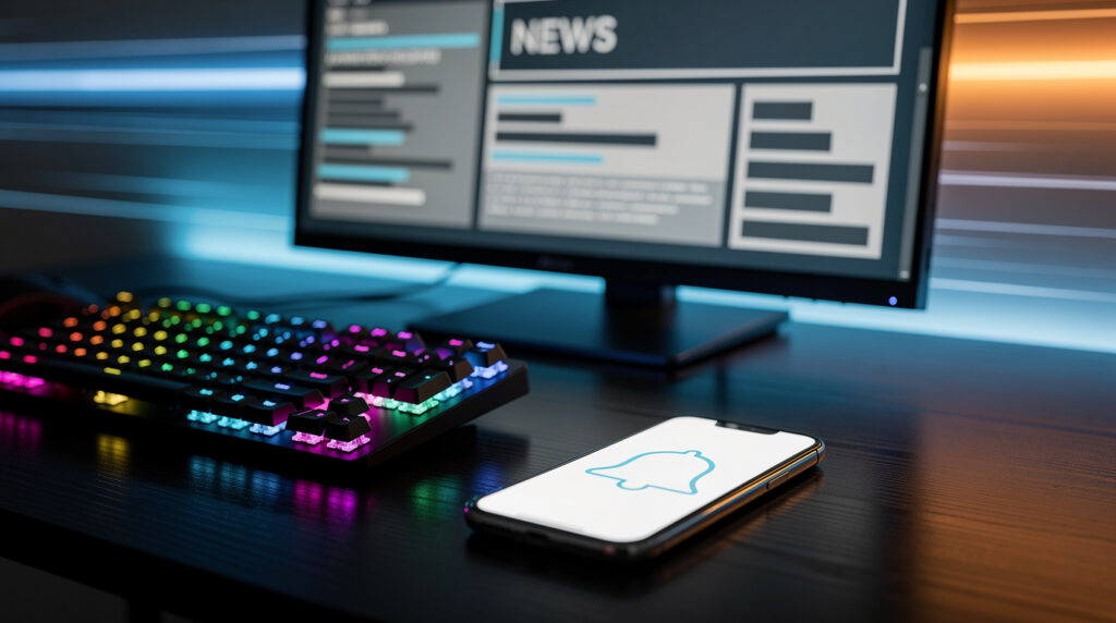 デスク上のスマートフォンに届いた無料配布の通知（ベルアイコン）と、背後のモニターに表示されたRSSフィードの更新画面。