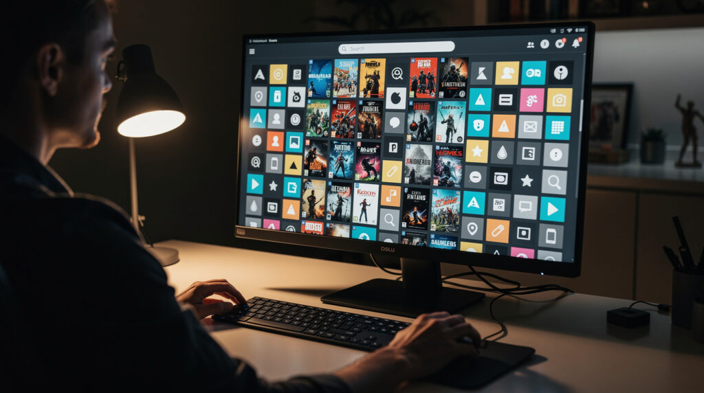 PCモニターの検索窓を使って、膨大な所有ゲームリストの中から新しく追加したタイトルをスクロールして探し出している様子。