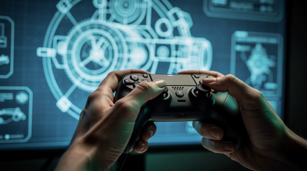 ゲーマーの手元で、コントローラーの背面のトリガーと前面の複数のボタンを同時に押し込んでいるクローズアップ画像。