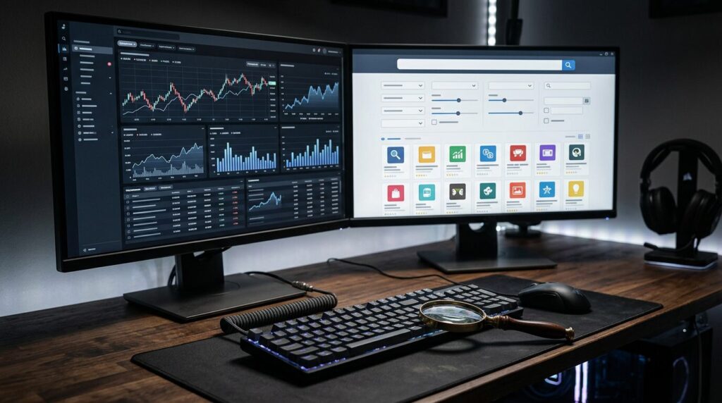 2台のモニターを使い、SteamDBのデータチャートと検索フィルタを駆使して無料ゲームを分析・探索するデスク環境。手元には虫眼鏡が置かれている。