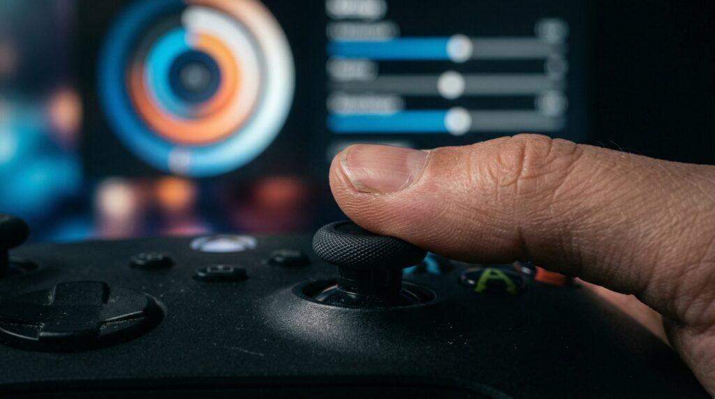 コントローラーのアナログスティックにそっと親指を乗せているマクロ撮影画像。背景にはPCモニターに映る設定用の円形画面がぼやけている。