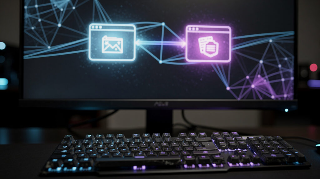 メカニカルキーボード越しに見えるモニター画面。ブラウザとアプリのアイコンが、光るネットワークの線で繋がっている抽象的な技術イメージ。