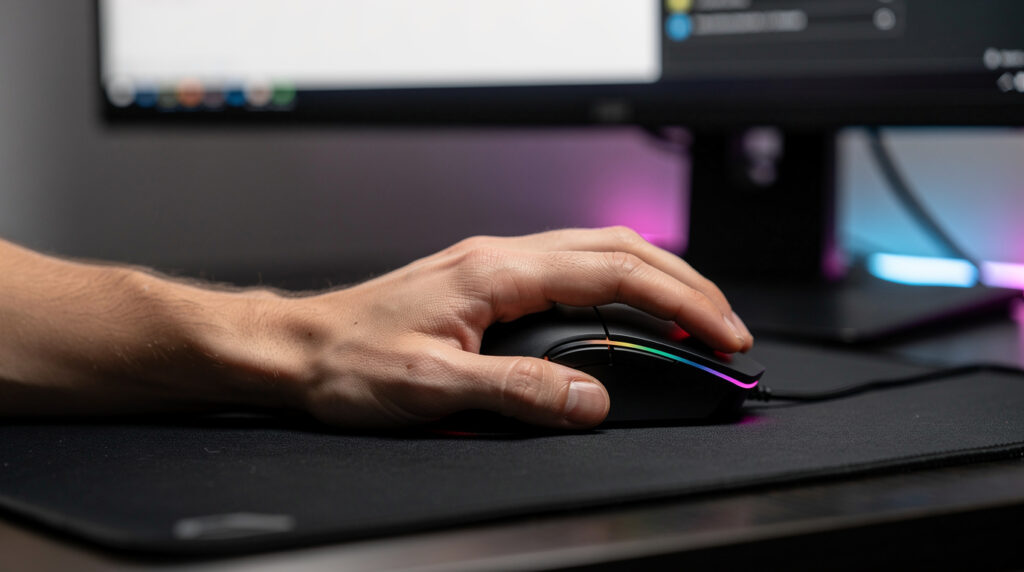 黒いゲーミングマウスを操作する手元のクローズアップ。背景には、PC画面右下のタスクトレイでメニューを開いている様子がぼんやりと映っている。