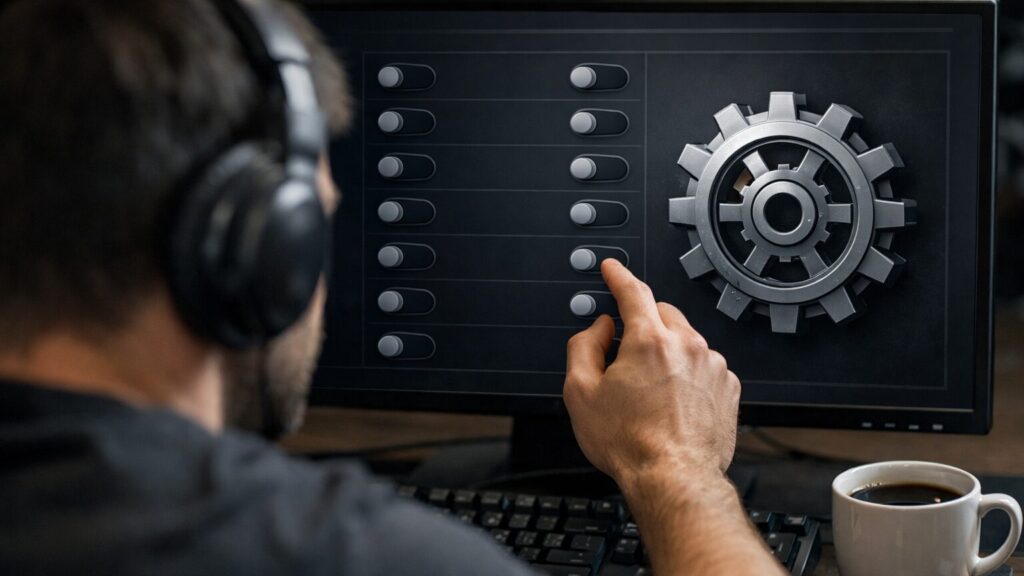 モニターに映る設定画面の複数のトグルスイッチをオフにしている様子を肩越しから見た構図。デスクにはメカニカルキーボードが置かれている。