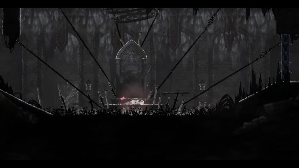 無数の剣が突き立てられた双子城砦のレストポイントで眠るリリィ