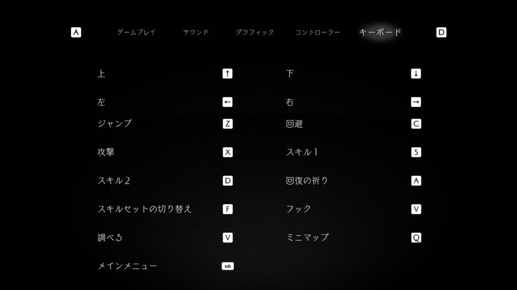 エンダーリリィズPC版のデフォルトキーボード配置。移動が矢印キー、ジャンプがZ、攻撃がX、回避がC、スキルや回復がA・S・D・V・F付近に割り当てられている。