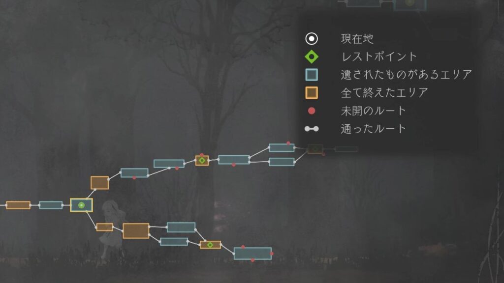 マップ画面に、現在地、レストポイント、未探索ルート、探索状況が色分けで表示されている。次に進める場所を確認しやすい画面。