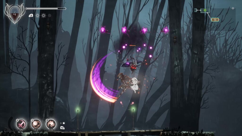 リリィの前に呼び出した騎士が斬撃を放ち、空中の敵と戦っているゲーム画面