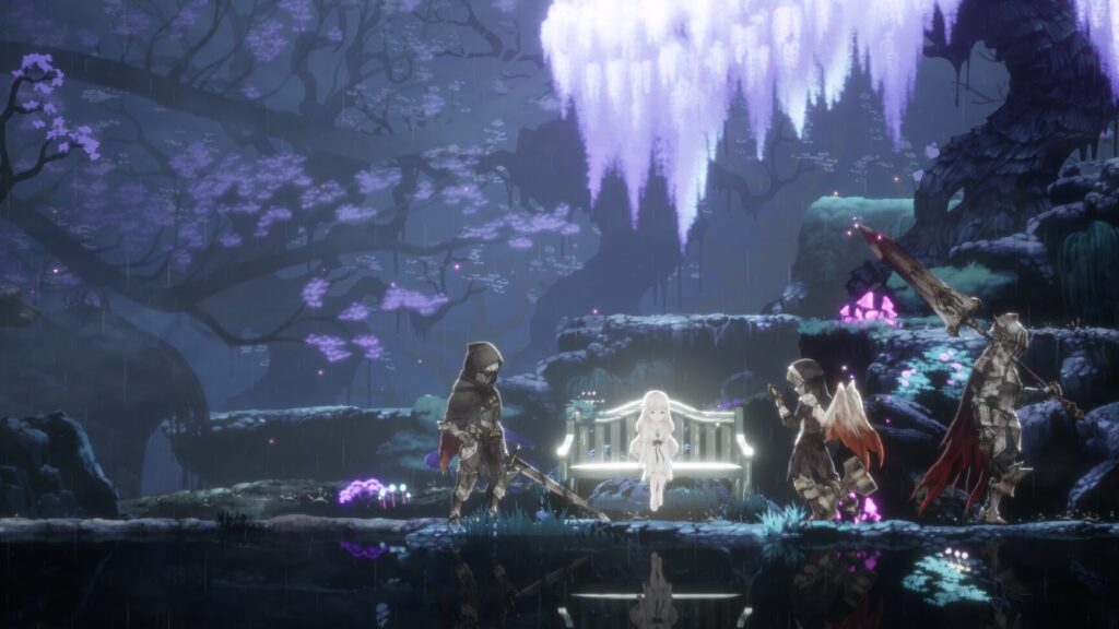 ベンチで休息するリリィと従者たちを描いた『エンダーリリーズ』の美麗なゲーム画面