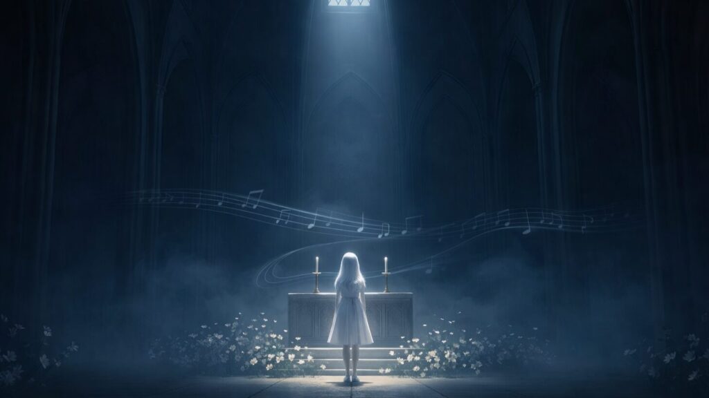 青黒い礼拝堂の祭壇前に白い服の少女が立ち、空中に淡い音符が浮かぶ幻想的なイメージ画像