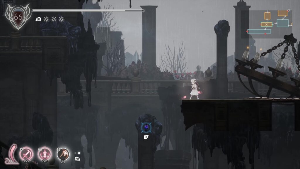 崩れた遺跡のような退廃的なエリアで、リリィが足場を渡って進んでいるゲーム画面