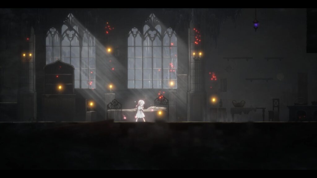 光が差し込む静かな室内で、白い少女リリィが立っているゲーム画面