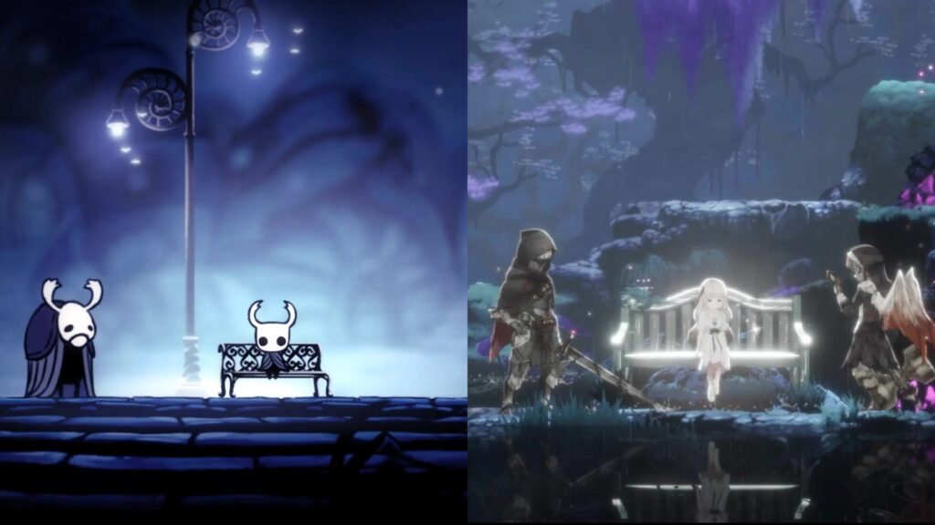 ホロウナイトのベンチとエンダーリリィズのレストポイントでの休憩シーン比較画像