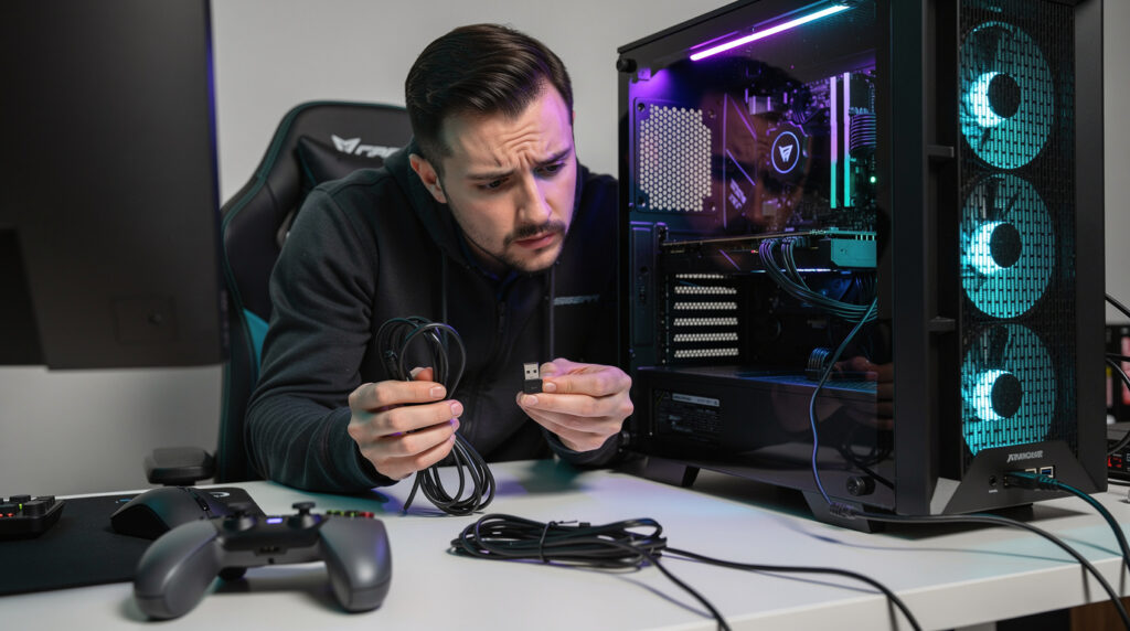 デスクトップPCの背面の前に座り、片手には絡まったケーブル、もう片手には小さなUSBレシーバーを持って考え込んでいるゲーマー。傍らにはコントローラーが置かれている。