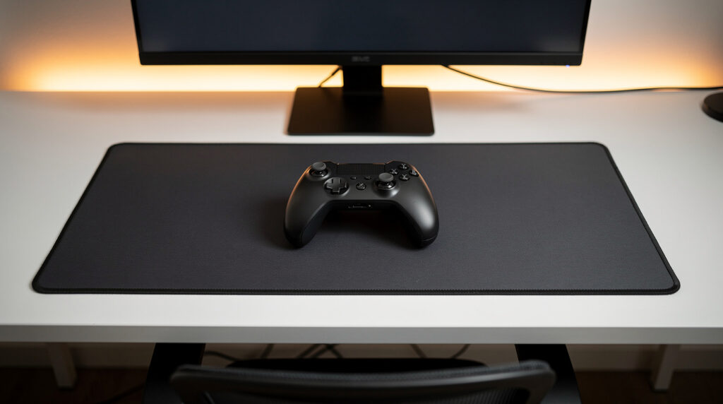 綺麗に整頓されたゲーミングデスクの中央に、黒いコントローラーがポツンと置かれている、ゲーム開始直前を思わせる風景