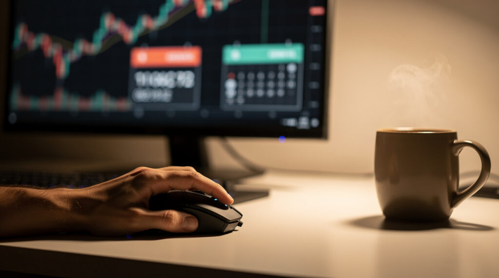 ゲーミングマウスに手を添え、価格推移を示すようなグラフが映ったモニターを見つめているクリーンなデスク環境