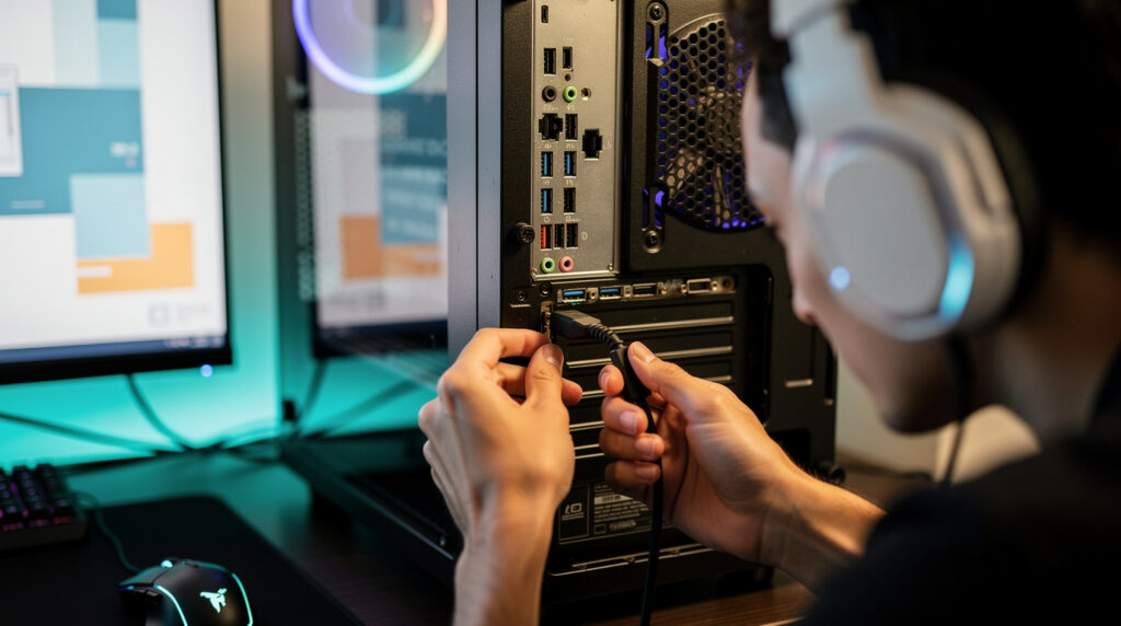 白いモニターヘッドホンをつけたゲーマーがPCケースの背面パネルを覗き込み、コントローラーのUSBケーブルをマザーボードのUSBポートに直接挿入しようとしている手元。