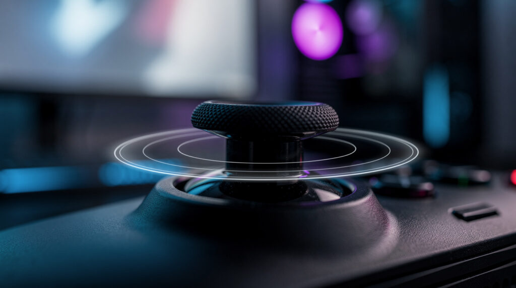 ゲームコントローラーのアナログスティックの根元に、入力として感知しない範囲を示す半透明の光る円が重なっているマクロ写真