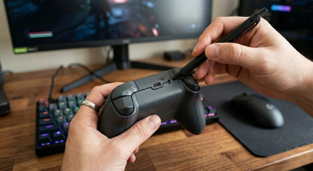 手に持ったプロコンの上部にある小さなボタンを、シャープペンシルの先で押し込んでいる様子。