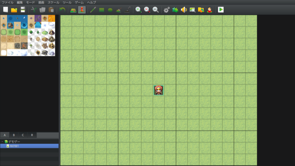 ツクールMVのプロジェクト新規作成後の初期画面(何もない緑のマップ)