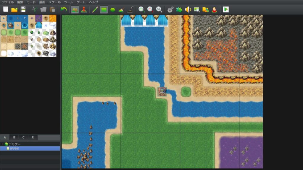 画面左のタイル群と、右側のマップ画面(実際に海や溶岩を塗った状態)