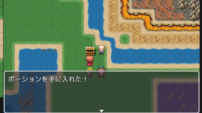 マップ上で右クリックし、「イベントの簡単作成>宝箱」で作ったイベントをデモプレイしている画面