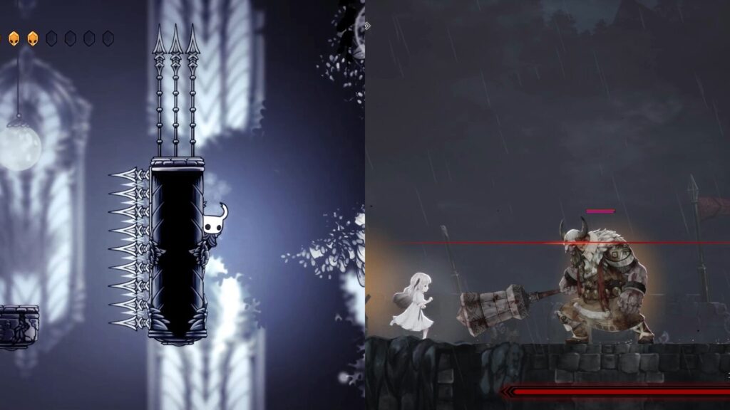 ホロウナイトの白い宮殿での壁蹴りアクションとエンダーリリィズのボス戦シーンの比較画像
