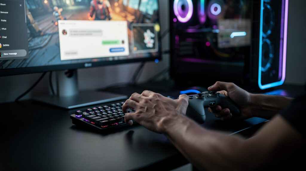 ゲーム画面の手前に別のウィンドウが重なり、慌ててキーボードに手を伸ばして操作を戻そうとしている様子。