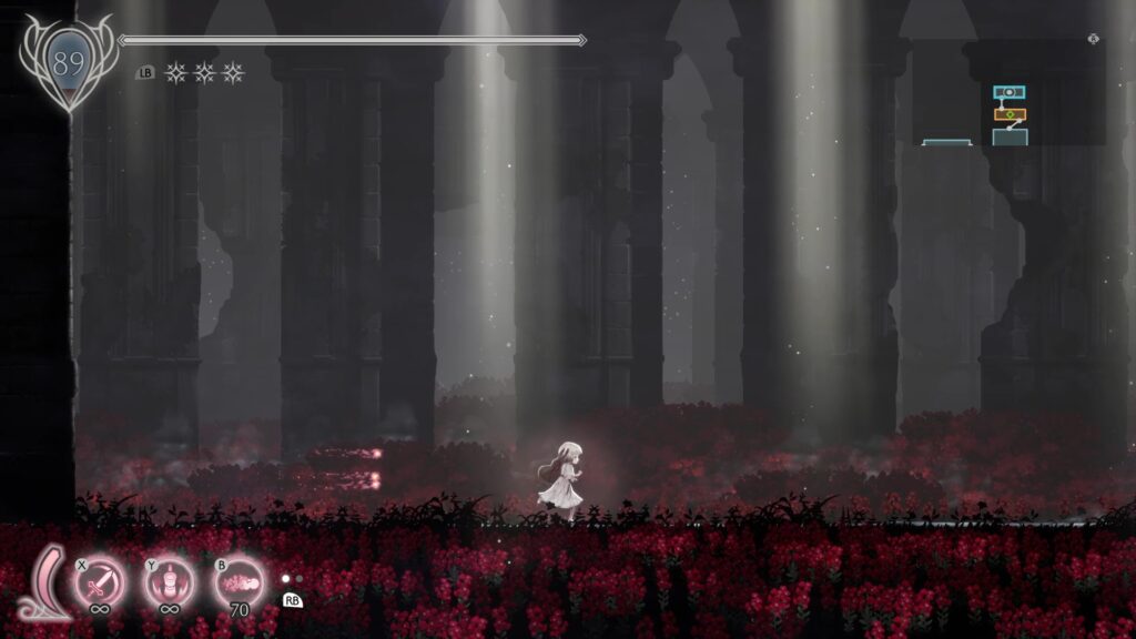 薄暗い遺跡に光が差し込み、赤い花が一面に広がる中をリリィが歩いている。静けさと哀しさが漂う幻想的な場面。