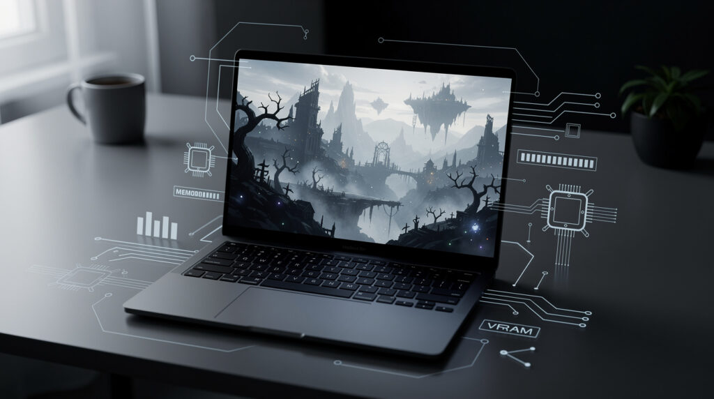 デスクの上のノートPCにダークファンタジー風のゲーム画面が映り、周囲にVRAMやチップを連想させる淡いUI風ラインが重なっているイメージ画像。